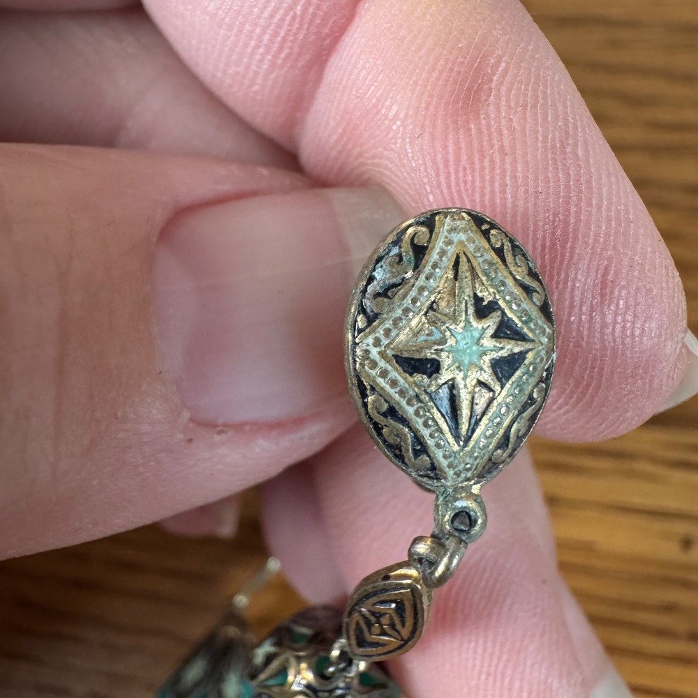 Vintage Turquoise Sterling Starburst Screw Back Earrings Art Deco Style - Picture 2 of 10